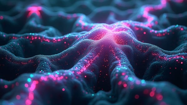 Neural-cellular convergence visualization representing AI's role as biology's computational language; AlphaFold revolution; digital biology paradigm shift