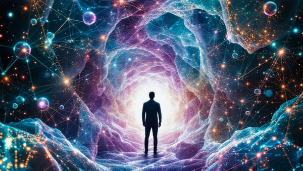 Human silhouette standing at threshold of iridescent cosmic neural network portal visualizing Shapiro's Proprietor Economy model of AI-empowered individual autonomy