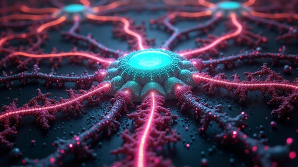 Prismatic neural command network with iridescent pathways depicting AI-enabled authoritarian control systems and automated military capabilities