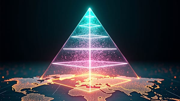 Iridescent AI specialization pyramid with fractal connections reflecting Mistral's three-tier model for technological sovereignty and domain expertise #AIStrategy