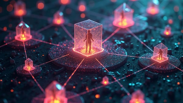 Democratic AI governance visualized: prismatic networks balance developer control against user autonomy in futuristic cybernetic landscape