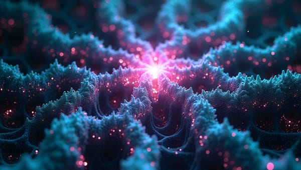 Neural network acceleration visualization depicting AI intelligence explosion research; fractal data streams show technological compression timeline with holographic depth