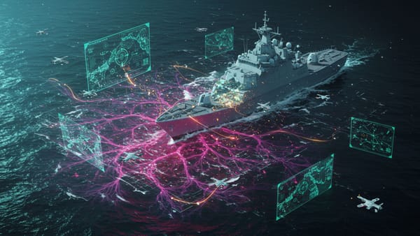 Neural network visualization of AI-powered drone swarms targeting naval assets, depicting asymmetric warfare cost dynamics with holographic data matrices. 