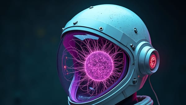 NASA helmet reflecting neural network patterns in prismatic light | AI innovation leadership | Space agency technology transfer