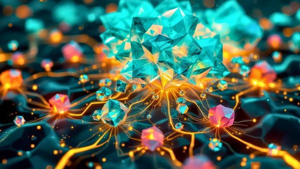 Crystalline teal geometric structures connected by amber neural pathways visualizing AI network supremacy over depreciating human capital assets