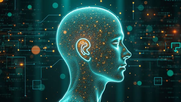 Prismatic neural interface shows AI-human trust dynamics with teal data flowing into amber silhouette amid holographic warning symbols #AIEthics #TrustParadox