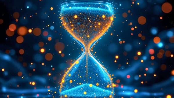 Glowing digital hourglass with luminescent teal particles and amber highlights symbolizing AI-driven technological acceleration outpacing human institutional adaptation