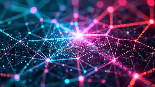 Neural network prismatically illuminated shows pattern matching vs reasoning gap in LLMs, highlighting AI cognitive limitations in cybernetic aesthetic