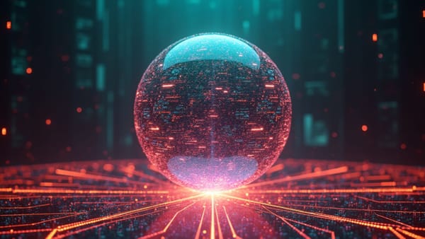 Holographic data sphere with iridescent pathways depicts AI's transformation of web content consumption, reflecting Karpathy's internet paradigm shift prediction.