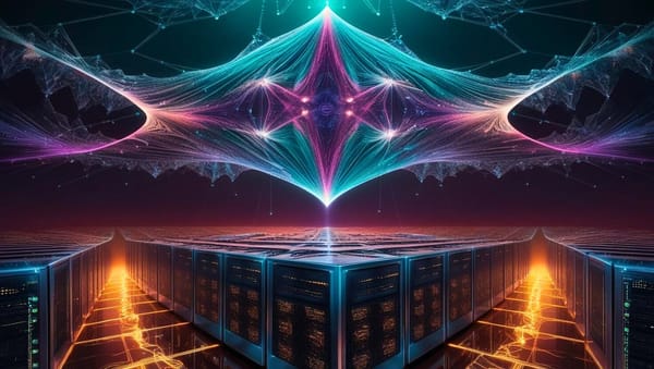 Neural network suspended in spectral light above vulnerable server arrays, visualizing AI deterrence strategy and cyber-physical security implications